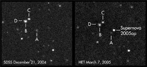 (La posición de la supernova 2005ap, antes y después de la explosión.) (Foto: SDSS, R. Quimby/McDonald Observatory/The University of Texas at Austin)